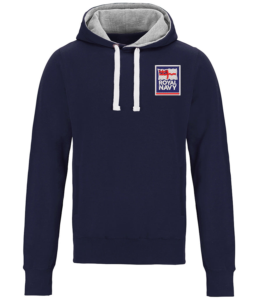 Navy Royal Navy hoodie with embroidered Royal Navy logo and contrast hood lining, ideal military sweatshirt for UK veterans, Navy crew, and naval supporters.