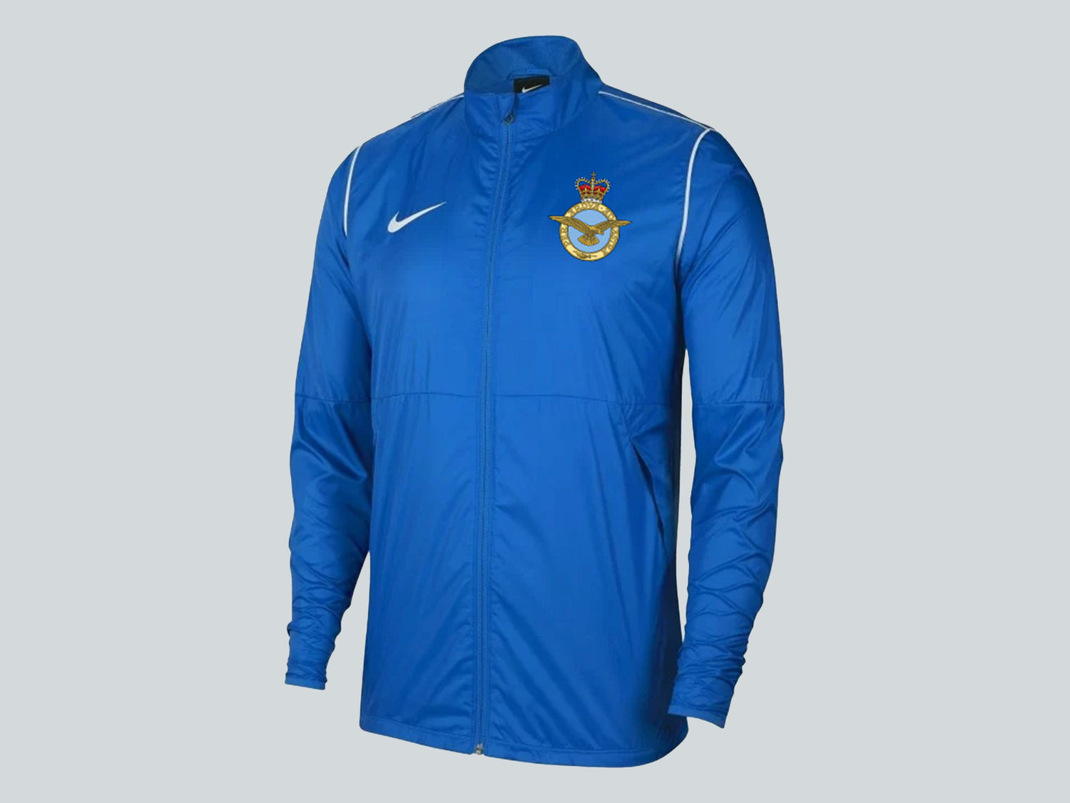 Royal Air Force blue softshell jacket featuring premium embroidered RAF logo – durable military outerwear for RAF veterans, aircrew, and supporters.