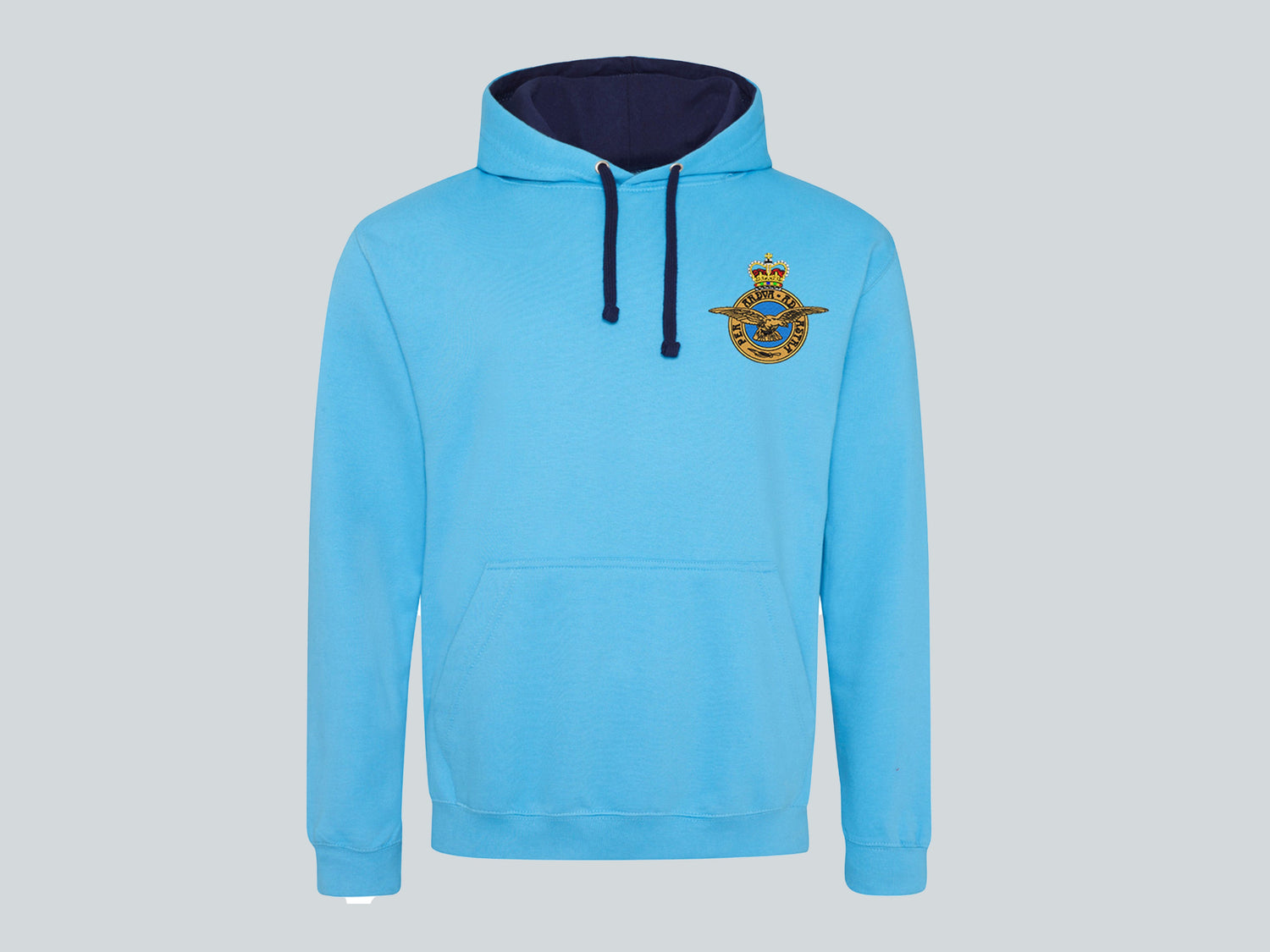 Sky blue Royal Air Force hoodie featuring premium embroidered RAF logo and contrast hood, perfect military clothing for UK veterans, RAF personnel, and supporters.