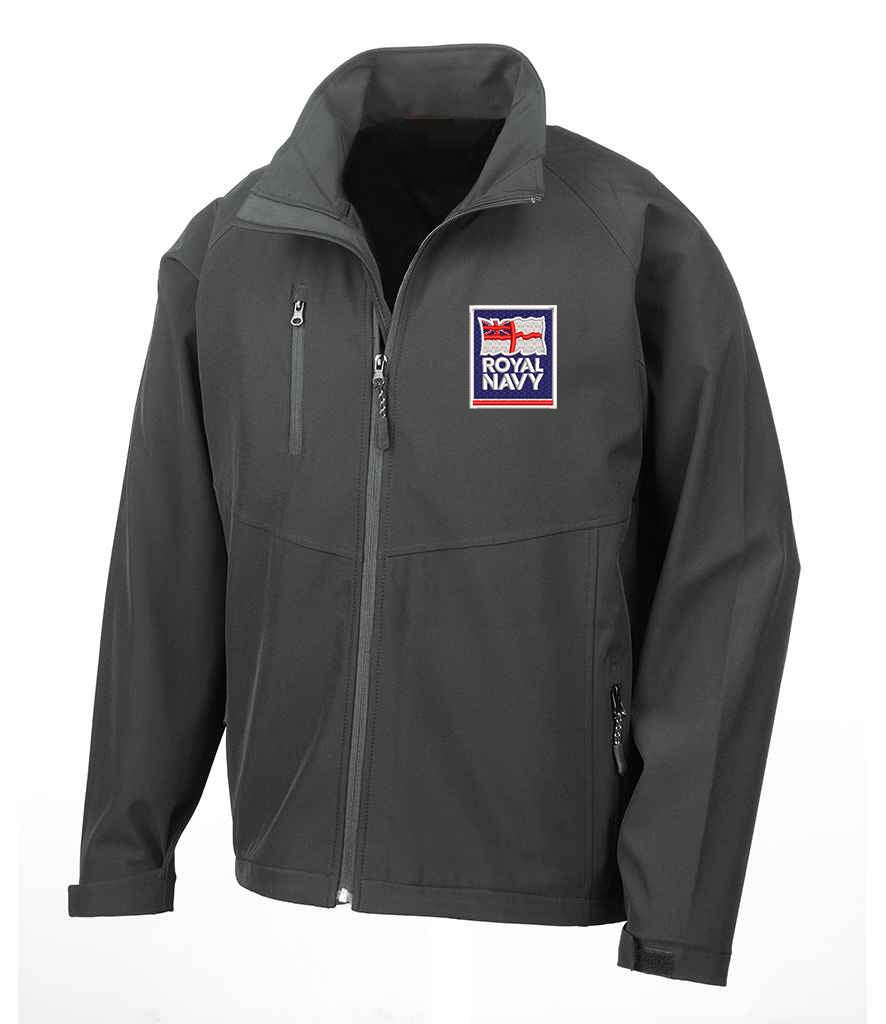 Black Royal Navy softshell jacket with embroidered Royal Navy logo, ideal military outerwear for UK veterans, Royal Navy crew, and Navy supporters.