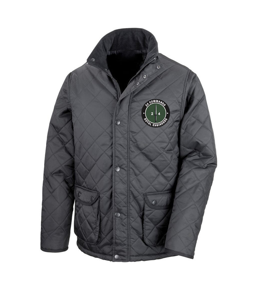 Black quilted 24 Commando Engineer Regiment jacket featuring embroidered military badge, ideal outerwear for Royal Engineers, Army Commandos, and veterans.