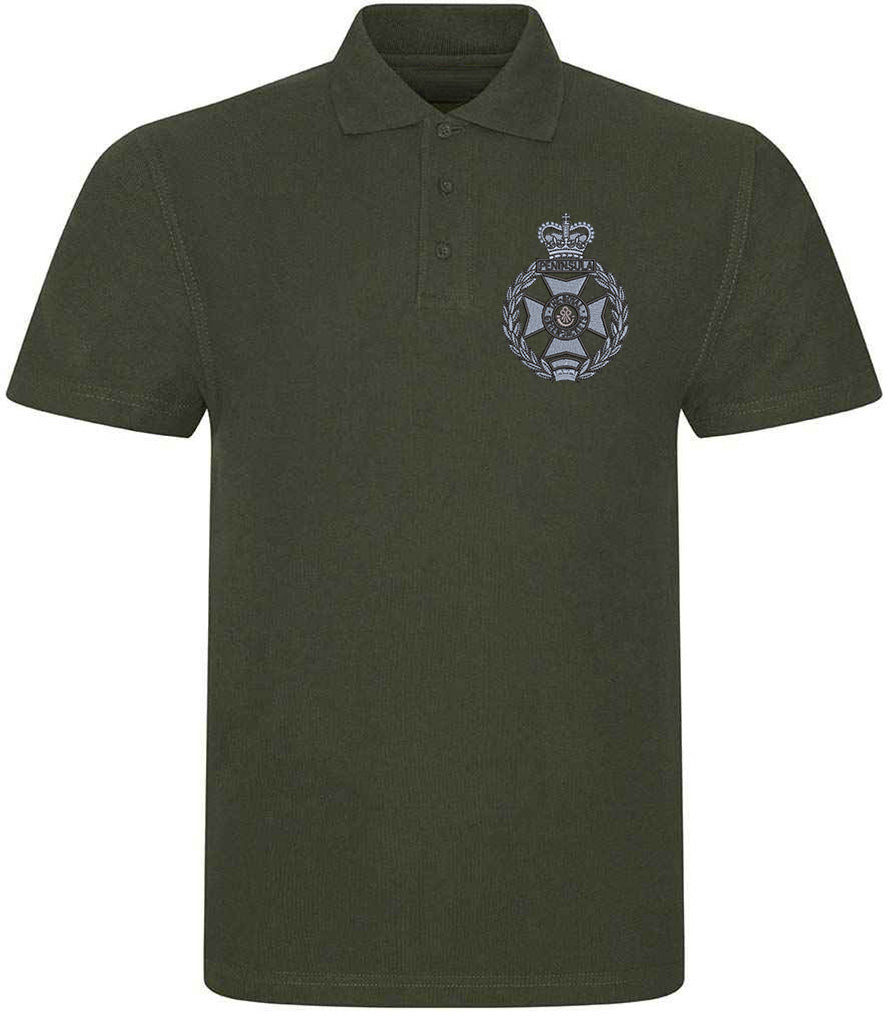 Olive green Royal Green Jackets polo shirt featuring embroidered military crest, premium British Army veteran clothing, ideal for former service members and supporters