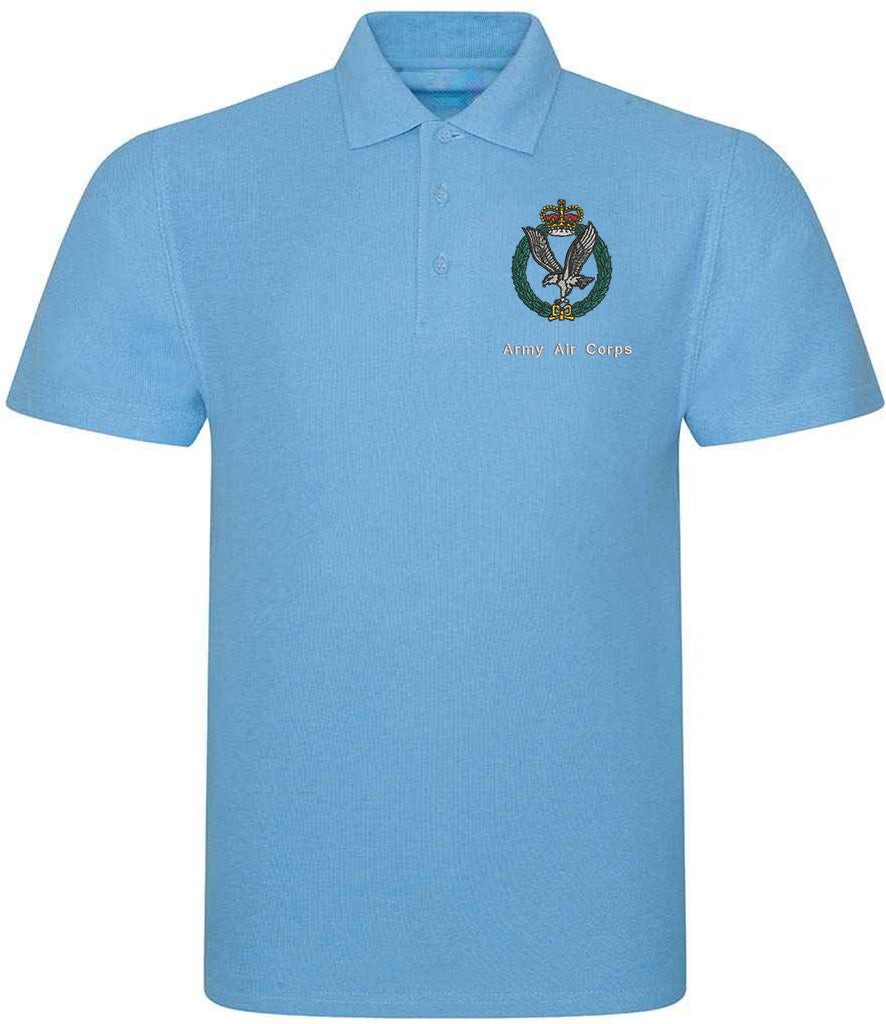 Sky blue Army Air Corps polo shirt featuring embroidered AAC crest, high-quality British military clothing for veterans, serving personnel, and supporters.
