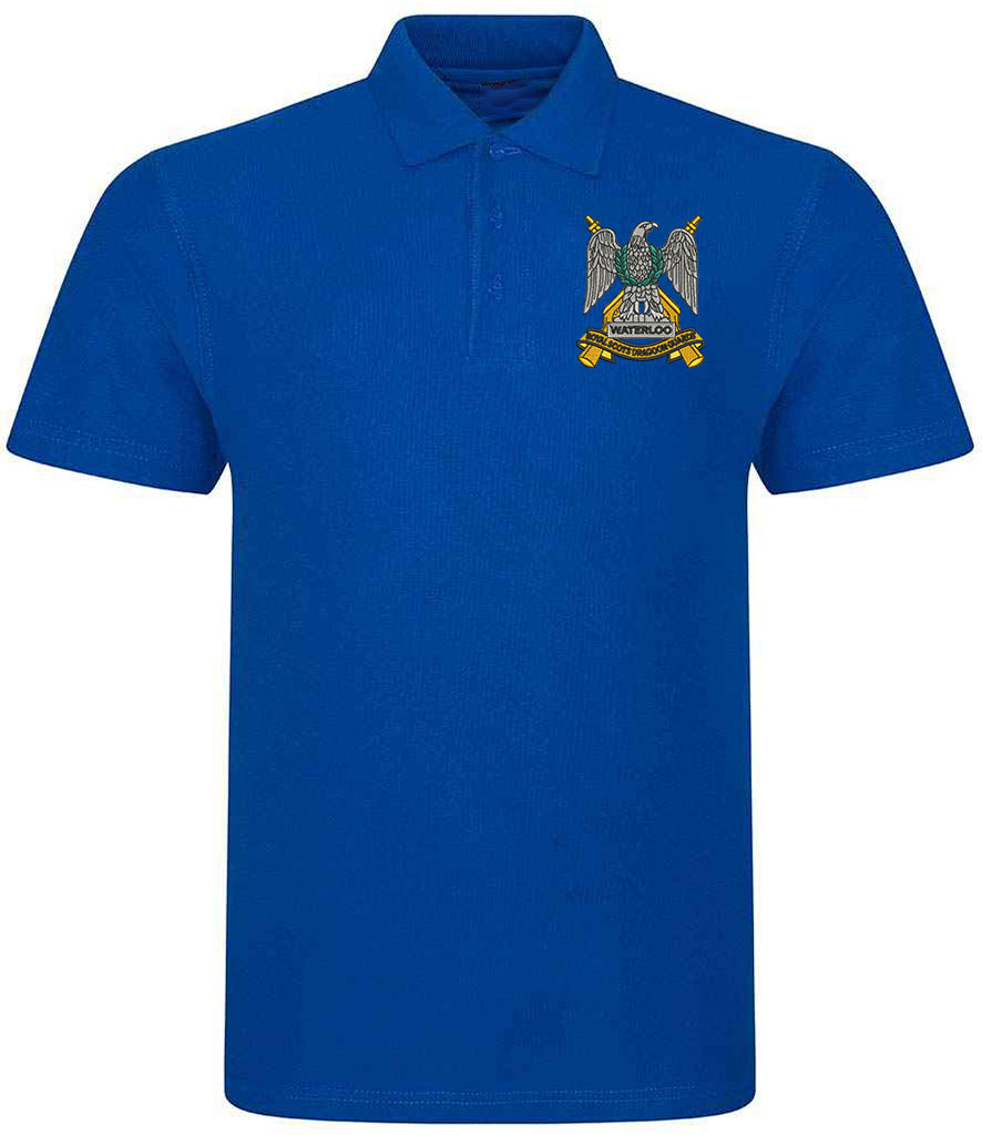 Royal blue Royal Scots Dragoon Guards polo shirt featuring embroidered regimental crest, ideal military clothing for veterans, serving personnel, and supporters.