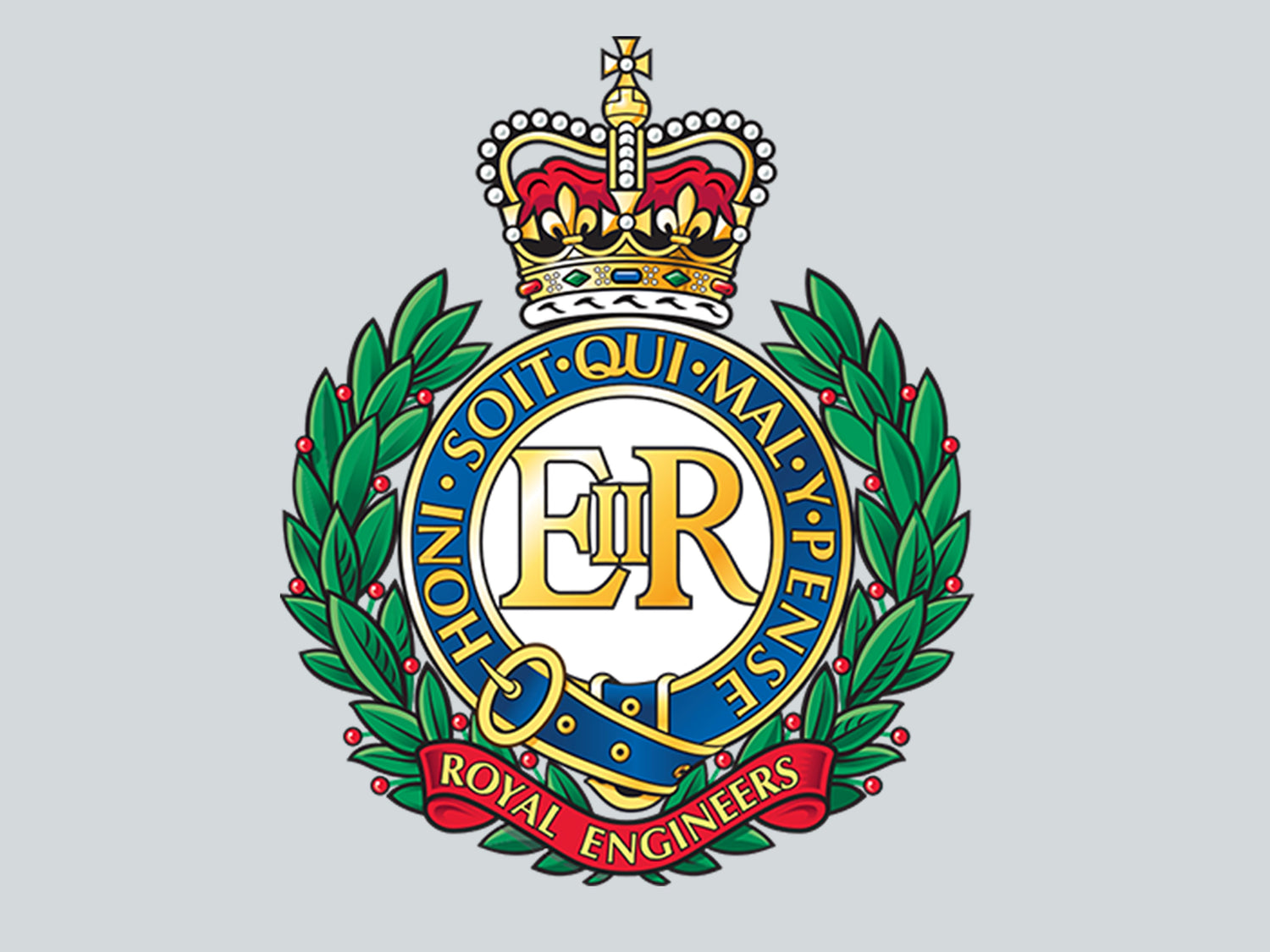 Royal Engineers cap badge logo featuring crown and laurel wreath, representing British Army Sappers, Royal Engineers clothing, veteran apparel, and military merchandise.