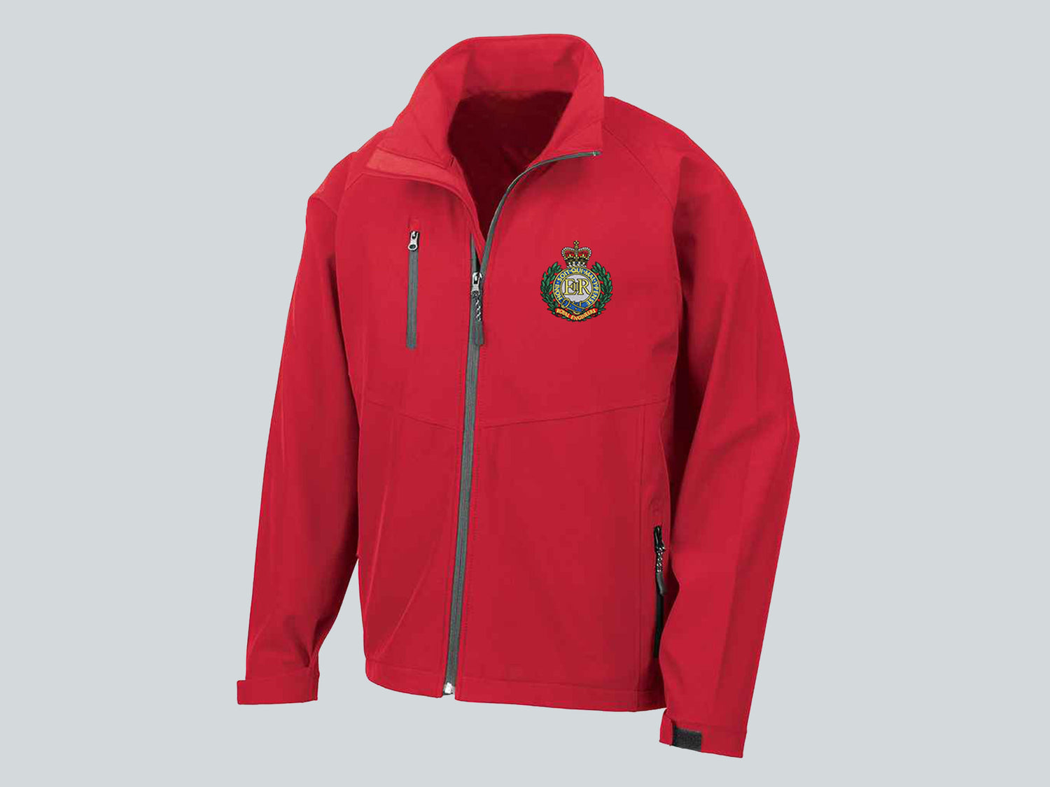 Red Royal Engineers jacket with premium embroidered Royal Engineers logo, ideal military outerwear for UK veterans, Sappers, and British Army supporters.