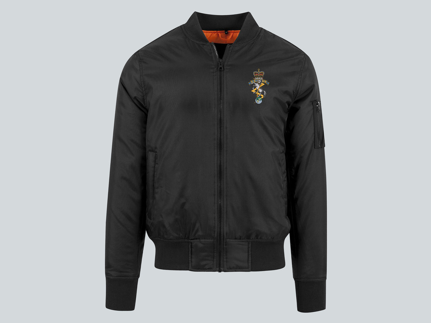 Black REME bomber jacket featuring premium embroidered Royal Electrical and Mechanical Engineers logo – durable military outerwear for British Army veterans