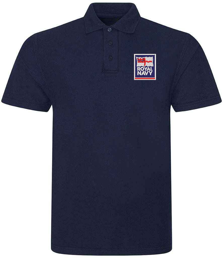 Navy blue Royal Navy polo shirt with embroidered Royal Navy logo, perfect smart military polo for UK veterans, Royal Navy crew, and naval supporters.