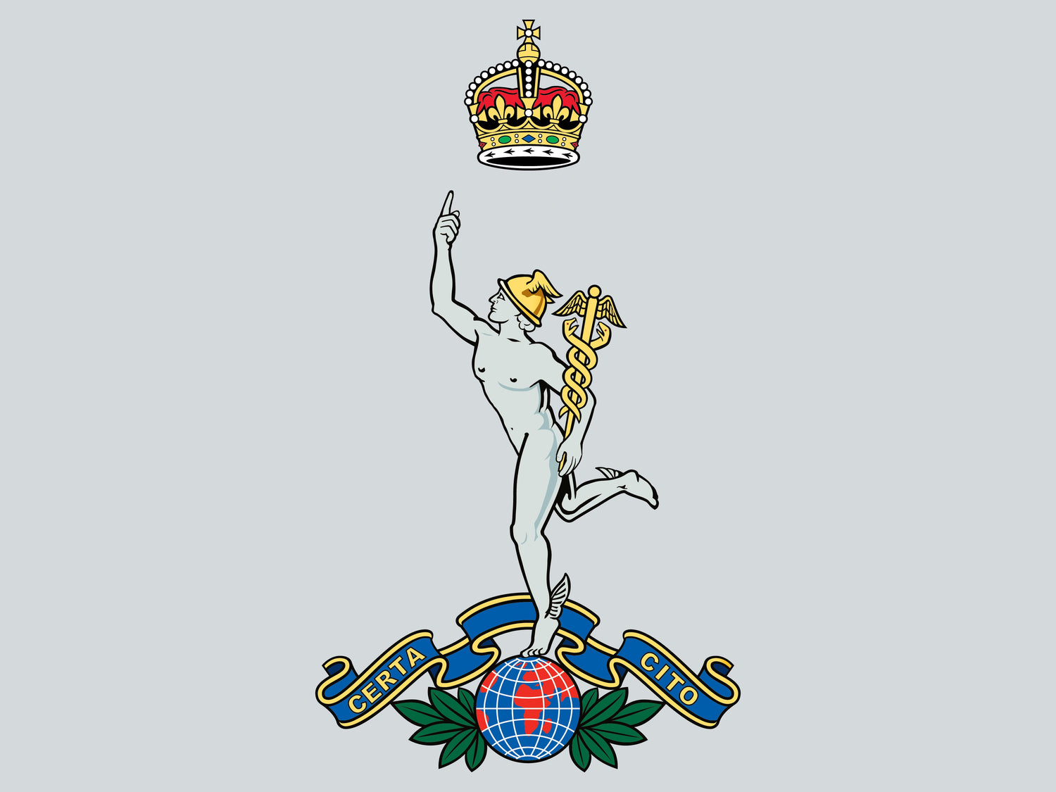 Royal Signals cap badge featuring Mercury symbol and crown, iconic emblem used on Royal Signals clothing, embroidered military apparel for UK veterans and serving personnel.