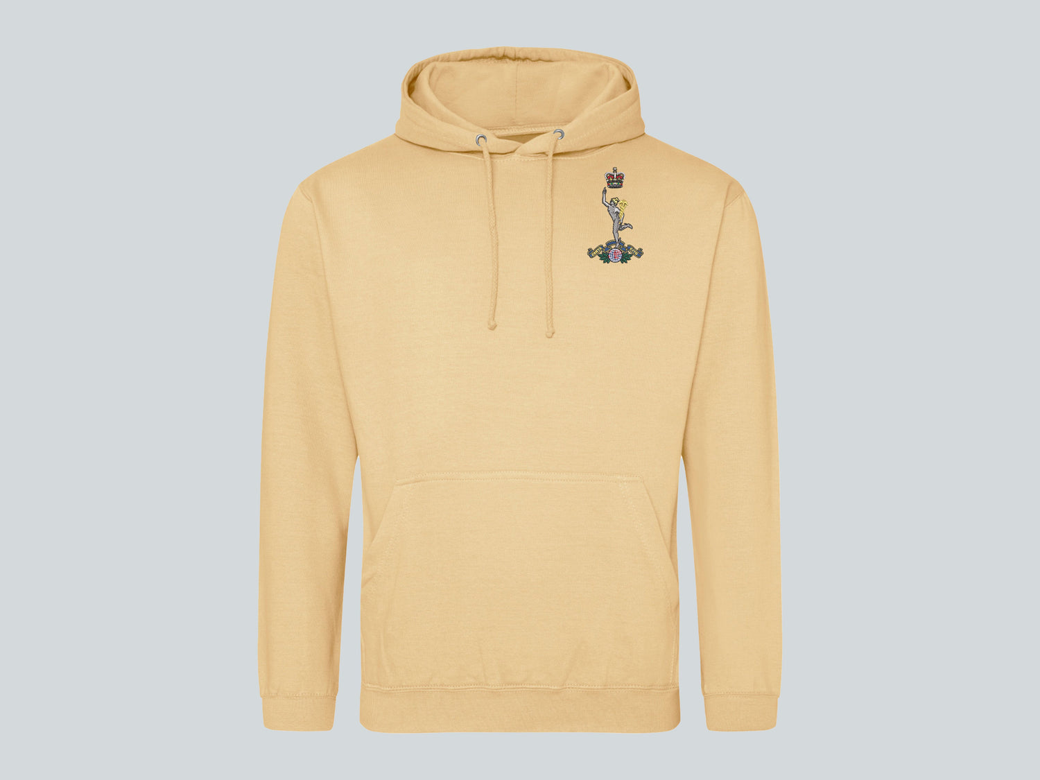 Desert sand Royal Signals hoodie featuring embroidered Mercury logo, ideal military clothing for British Army veterans, Royal Corps of Signals, and supporters.