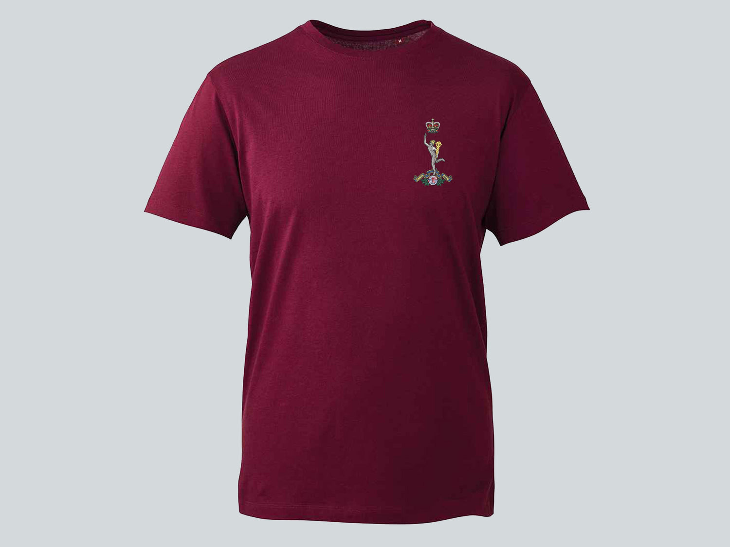 Maroon Royal Signals T-shirt featuring high-quality embroidered Royal Signals logo – premium military tee for British Army Signals veterans and serving personnel.