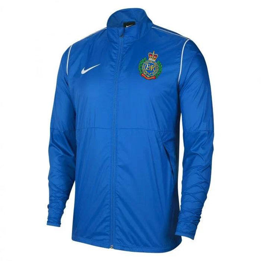 Royal Engineers Nike Repel Running Jacket, blue with logo, Dri-FIT technology, water-repellent, mesh-lined side pockets.