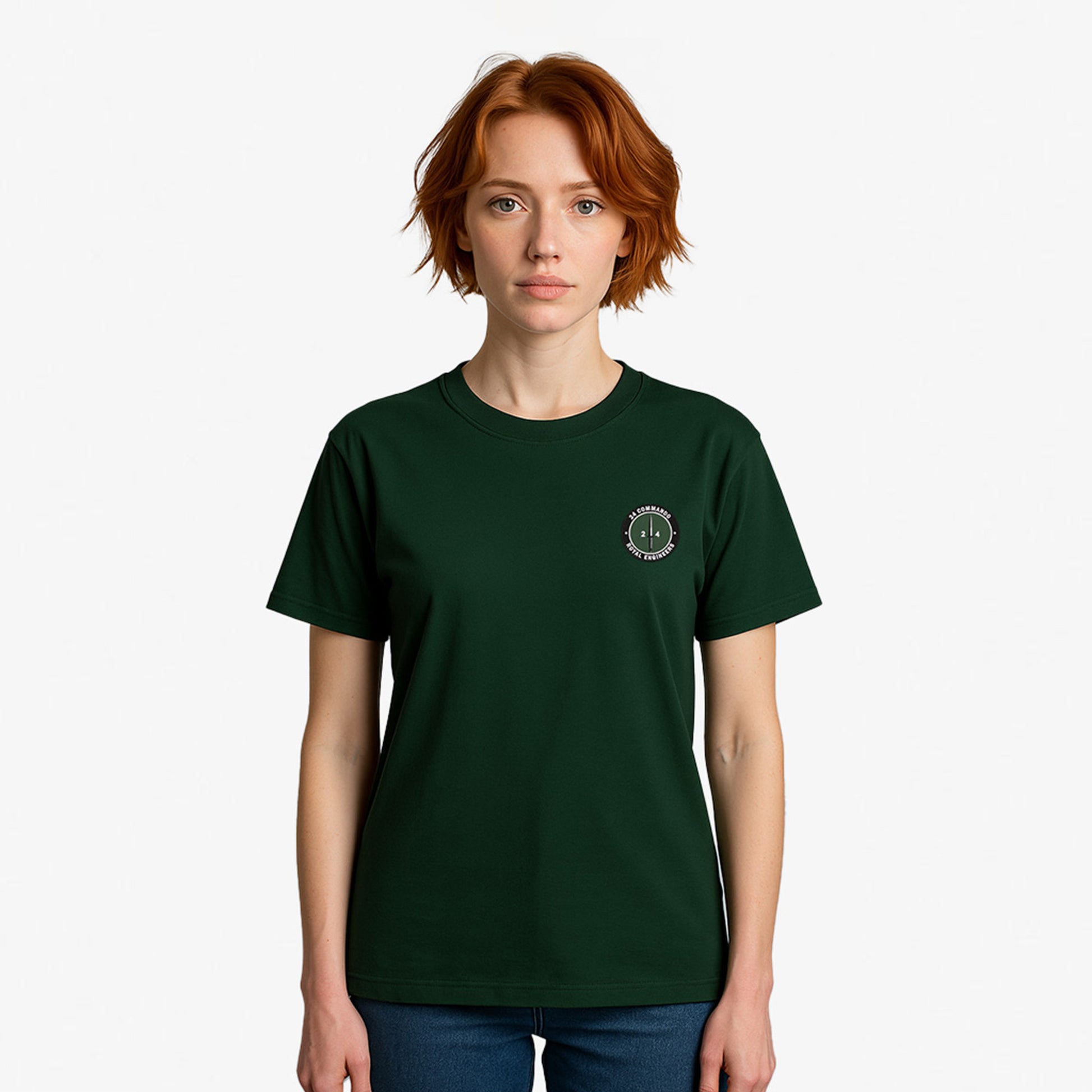 forest green Embroidered T Shirt with 24 Commando Royal Engineers embroidered badge featuring a green circular patch with a black Fairbairn-Sykes fighting knife and white text. Military insignia for UK veterans and serving personnel.