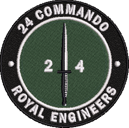 24 Commando Royal Engineers embroidered badge featuring a green circular patch with a black Fairbairn-Sykes fighting knife and white text. Military insignia for UK veterans and serving personnel.