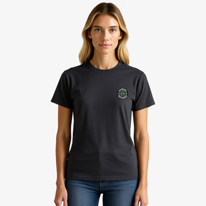 charcoal Embroidered T Shirt with 24 Commando Royal Engineers embroidered badge featuring a green circular patch with a black Fairbairn-Sykes fighting knife and white text. Military insignia for UK veterans and serving personnel.
