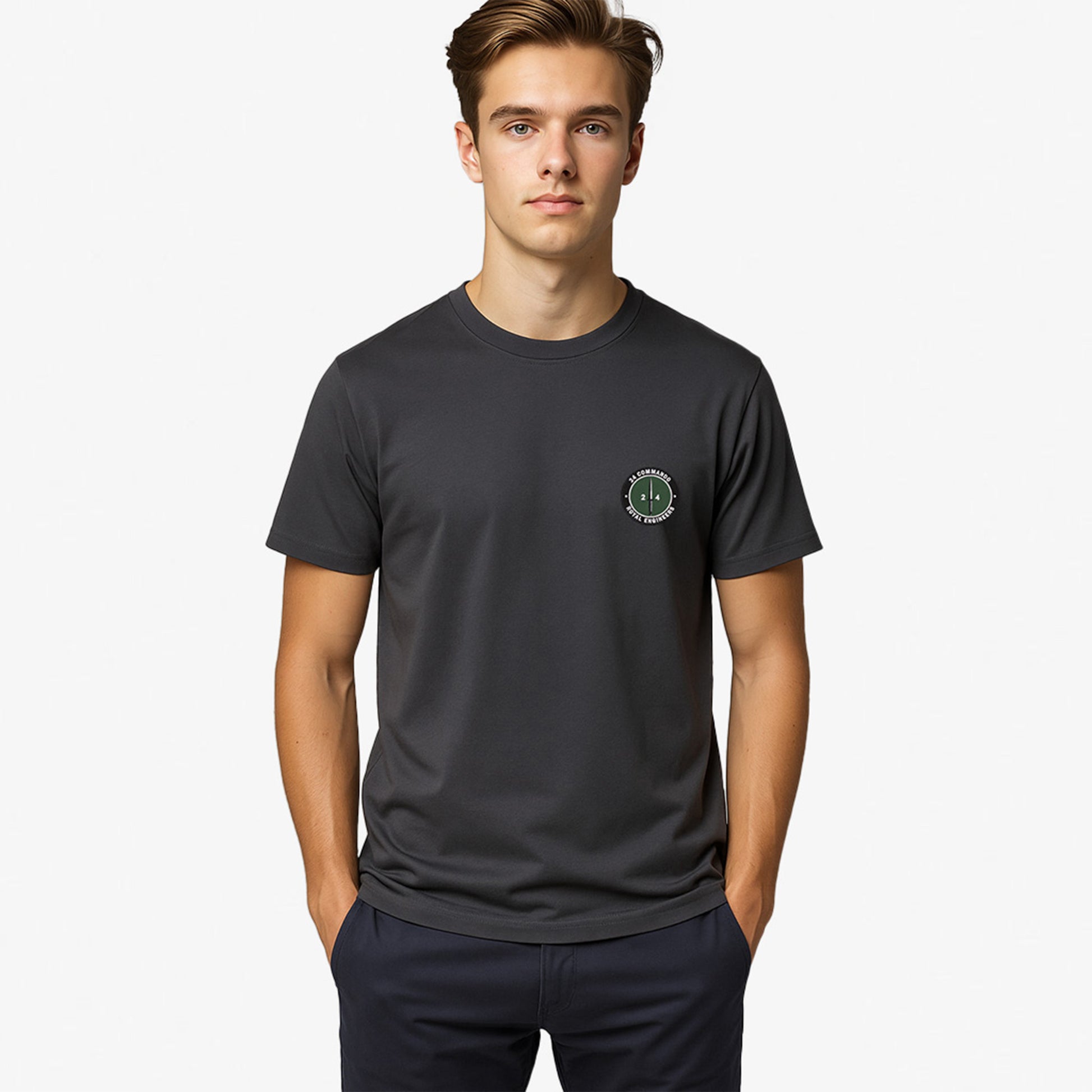 charcoal Embroidered T Shirt with 24 Commando Royal Engineers embroidered badge featuring a green circular patch with a black Fairbairn-Sykes fighting knife and white text. Military insignia for UK veterans and serving personnel.