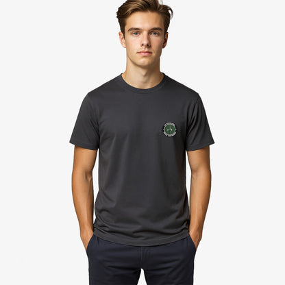 charcoal Embroidered T Shirt with 24 Commando Royal Engineers embroidered badge featuring a green circular patch with a black Fairbairn-Sykes fighting knife and white text. Military insignia for UK veterans and serving personnel.
