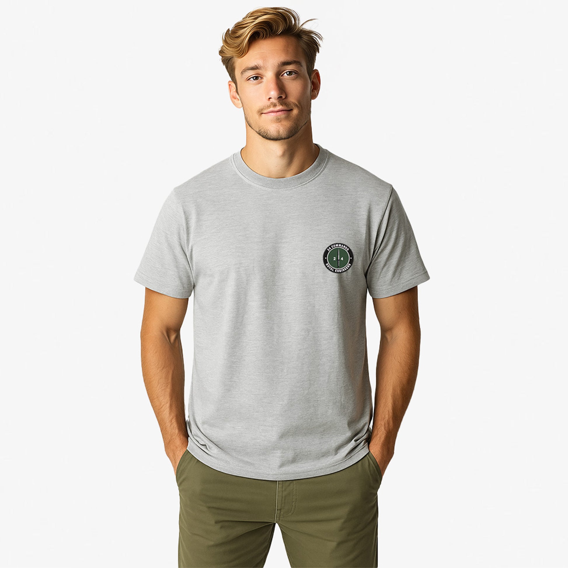 heather-grey Embroidered T Shirt with 24 Commando Royal Engineers embroidered badge featuring a green circular patch with a black Fairbairn-Sykes fighting knife and white text. Military insignia for UK veterans and serving personnel.