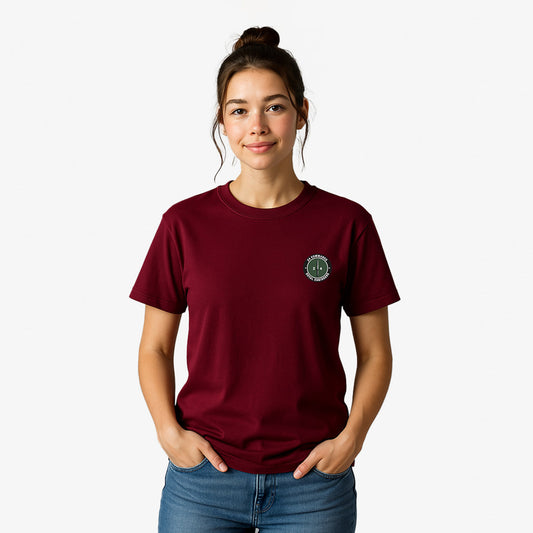 Maroon Embroidered T Shirt with 24 Commando Royal Engineers embroidered badge featuring a green circular patch with a black Fairbairn-Sykes fighting knife and white text. Military insignia for UK veterans and serving personnel.