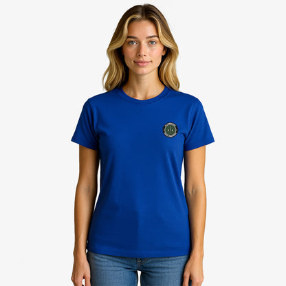 royal blue Embroidered T Shirt with 24 Commando Royal Engineers embroidered badge featuring a green circular patch with a black Fairbairn-Sykes fighting knife and white text. Military insignia for UK veterans and serving personnel.