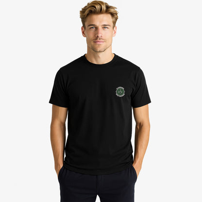 Black Embroidered T Shirt with 24 Commando Royal Engineers embroidered badge featuring a green circular patch with a black Fairbairn-Sykes fighting knife and white text. Military insignia for UK veterans and serving personnel.