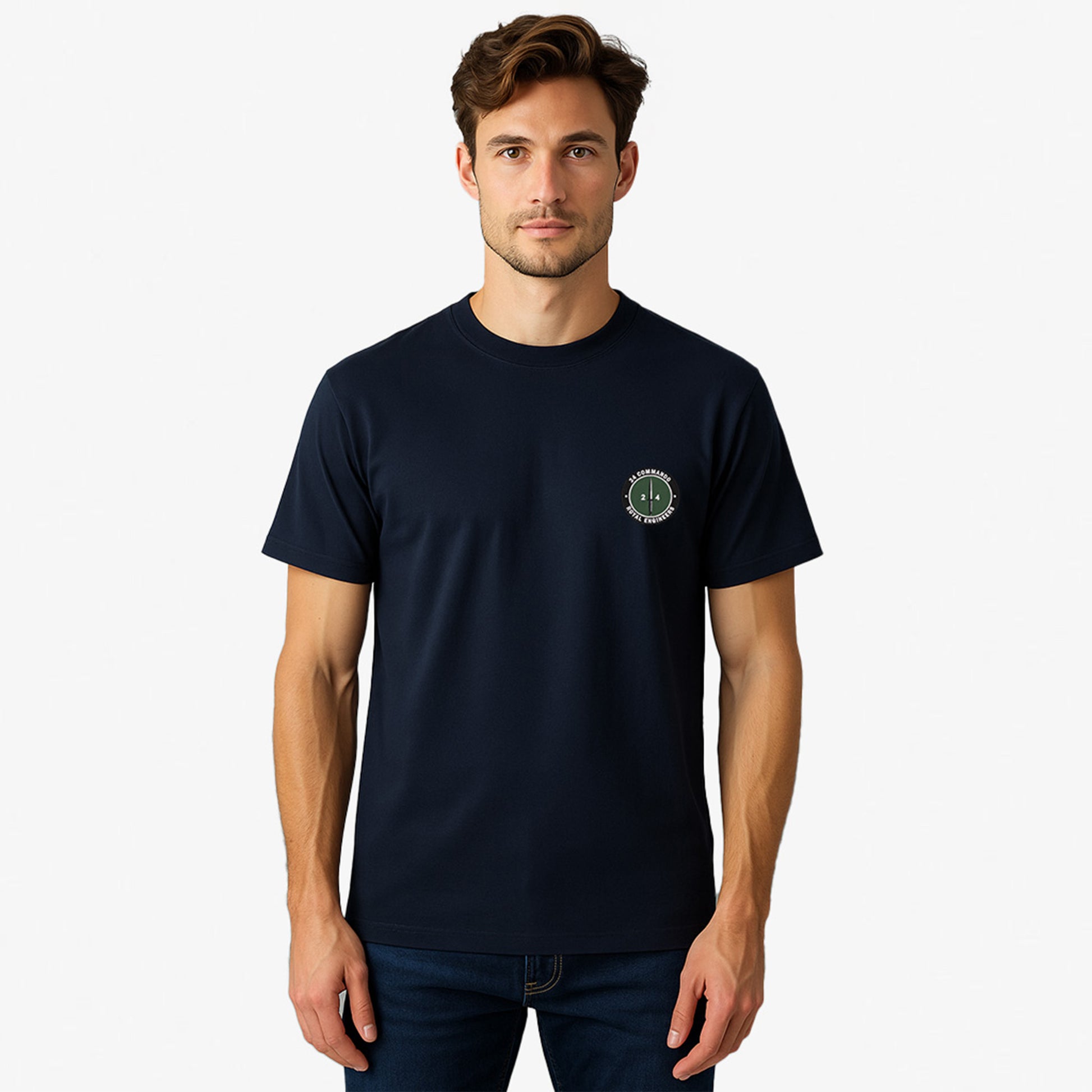 Navy Embroidered T Shirt with 24 Commando Royal Engineers embroidered badge featuring a green circular patch with a black Fairbairn-Sykes fighting knife and white text. Military insignia for UK veterans and serving personnel.