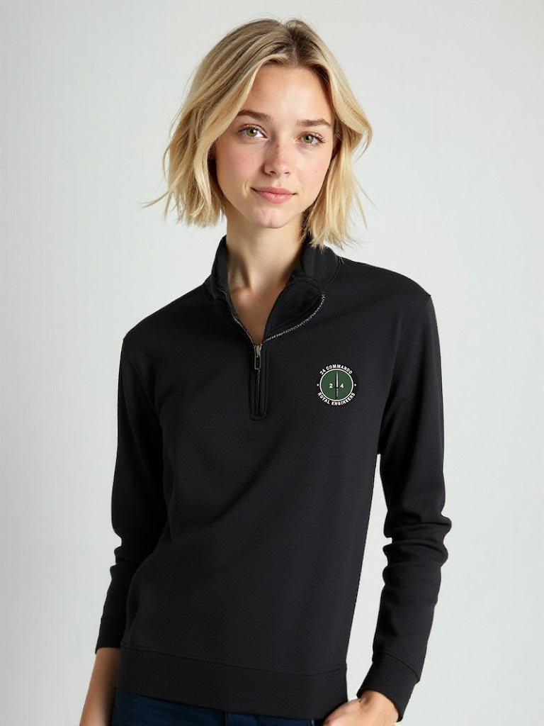 Women’s black quarter-zip sweatshirt with embroidered 24 Commando Royal Engineers crest, tactical fleece top designed for comfort, performance, and military-inspired style.