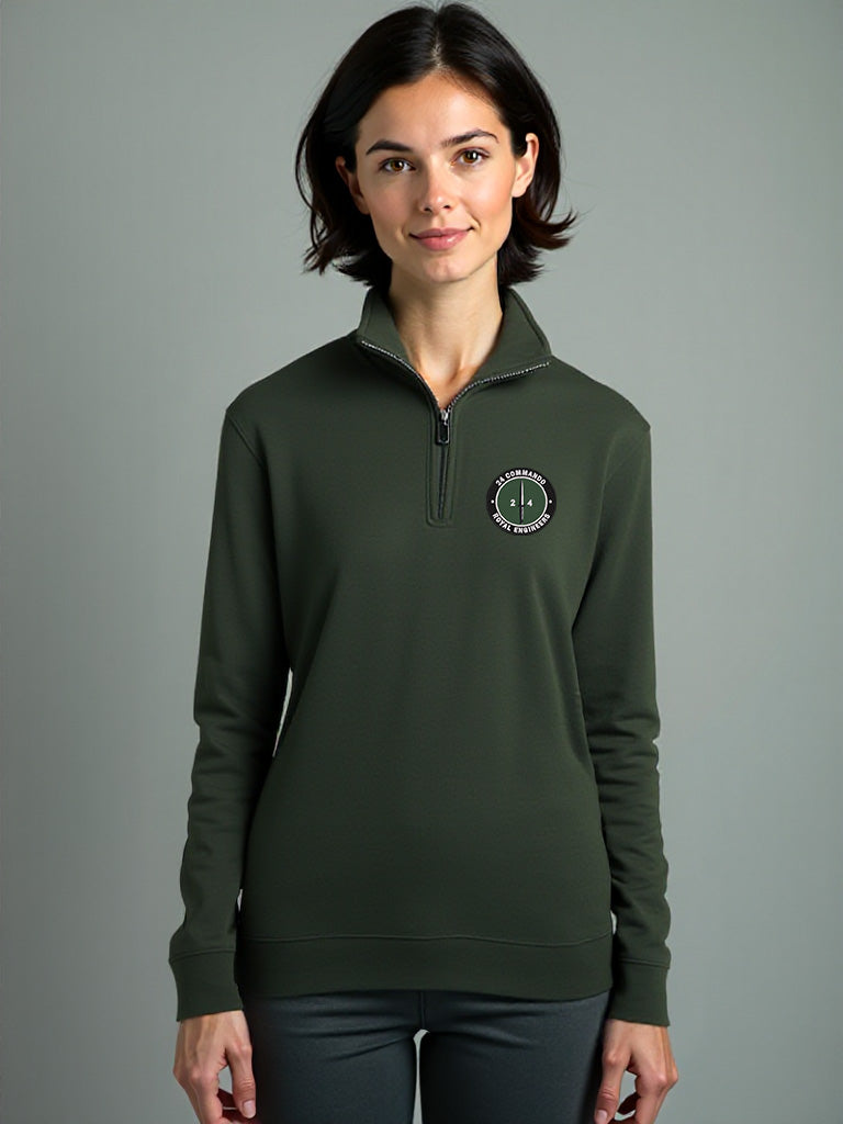 Women’s forest green 24 Commando Royal Engineers quarter-zip sweatshirt with official embroidered badge, soft tactical-fit fleece, ideal for military supporters and outdoor lifestyle wear.