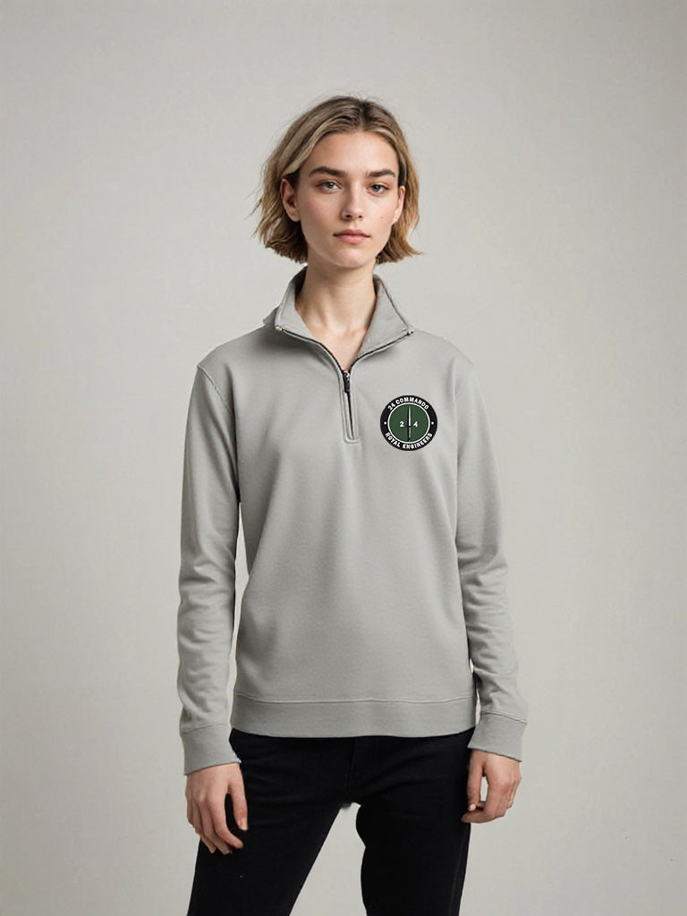 Women’s grey quarter-zip sweatshirt with embroidered 24 Commando Royal Engineers crest, lightweight fleece ideal for military personnel, outdoor activities, and casual wear.