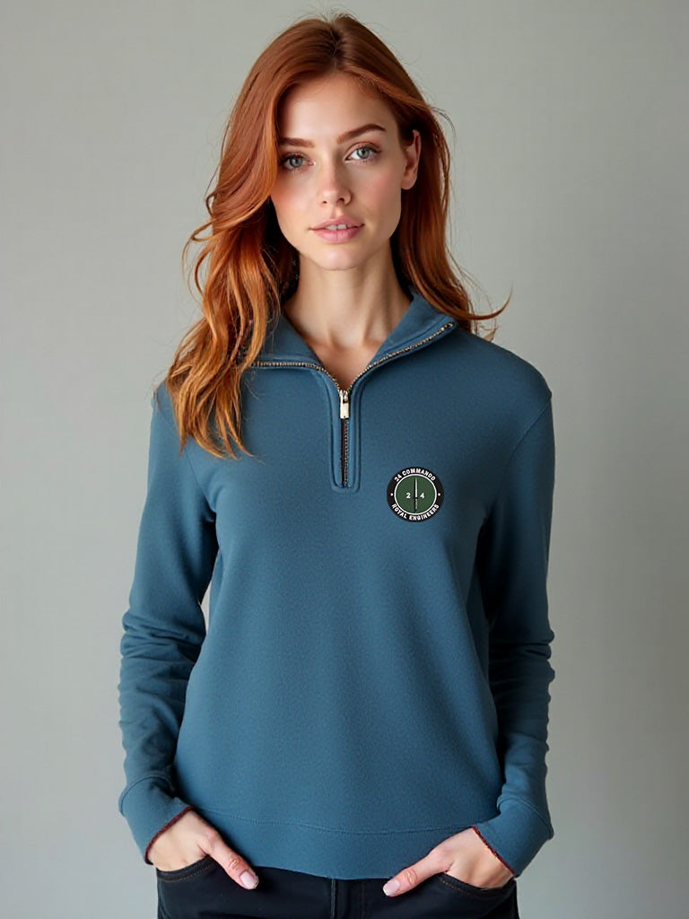 Women’s storm blue quarter-zip sweatshirt featuring the embroidered 24 Commando Royal Engineers badge, military-grade fleece design for warmth, durability, and official British Army style.