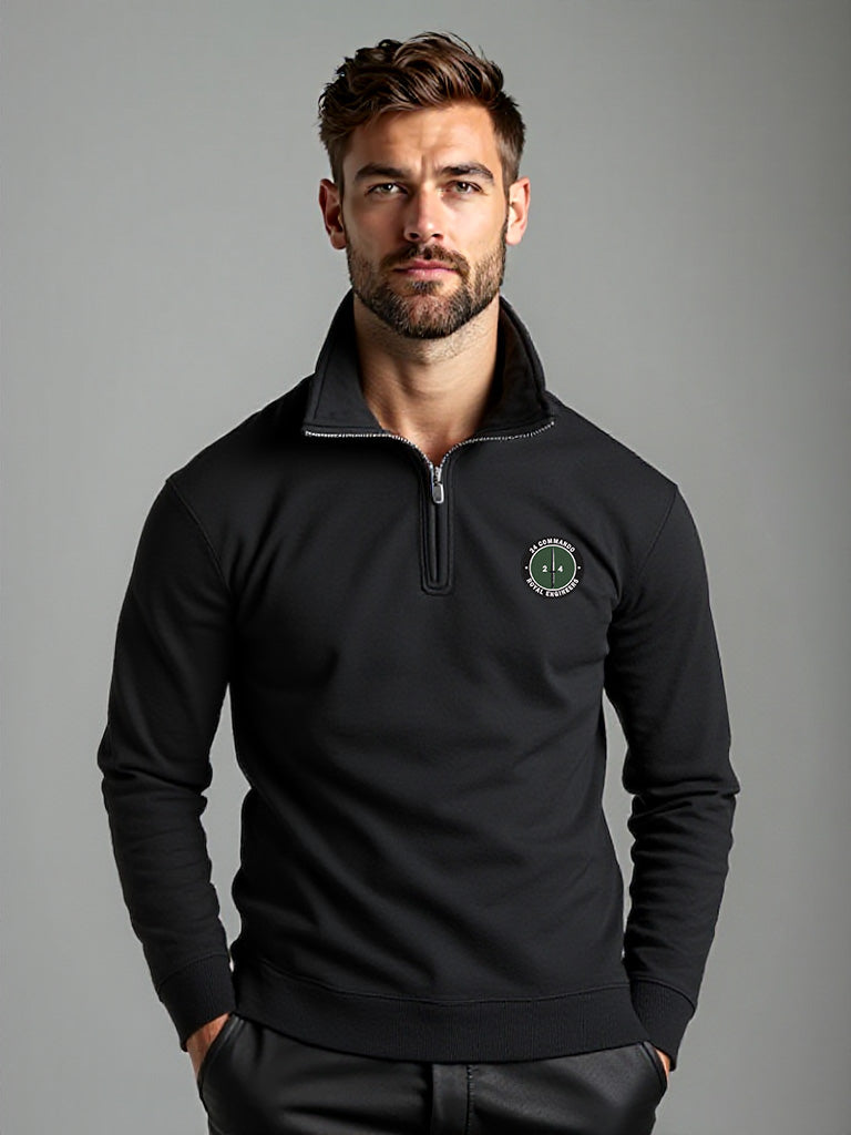 Men’s black quarter-zip sweatshirt featuring embroidered 24 Commando Royal Engineers badge, military-style fleece ideal for outdoor wear, tactical training, or casual use.
