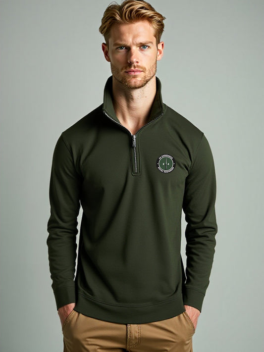Men’s forest green 24 Commando Royal Engineers quarter-zip sweatshirt with embroidered elite military badge, performance fleece fabric, and tactical-inspired design – perfect for British Army supporters and outdoor lifestyle wear.