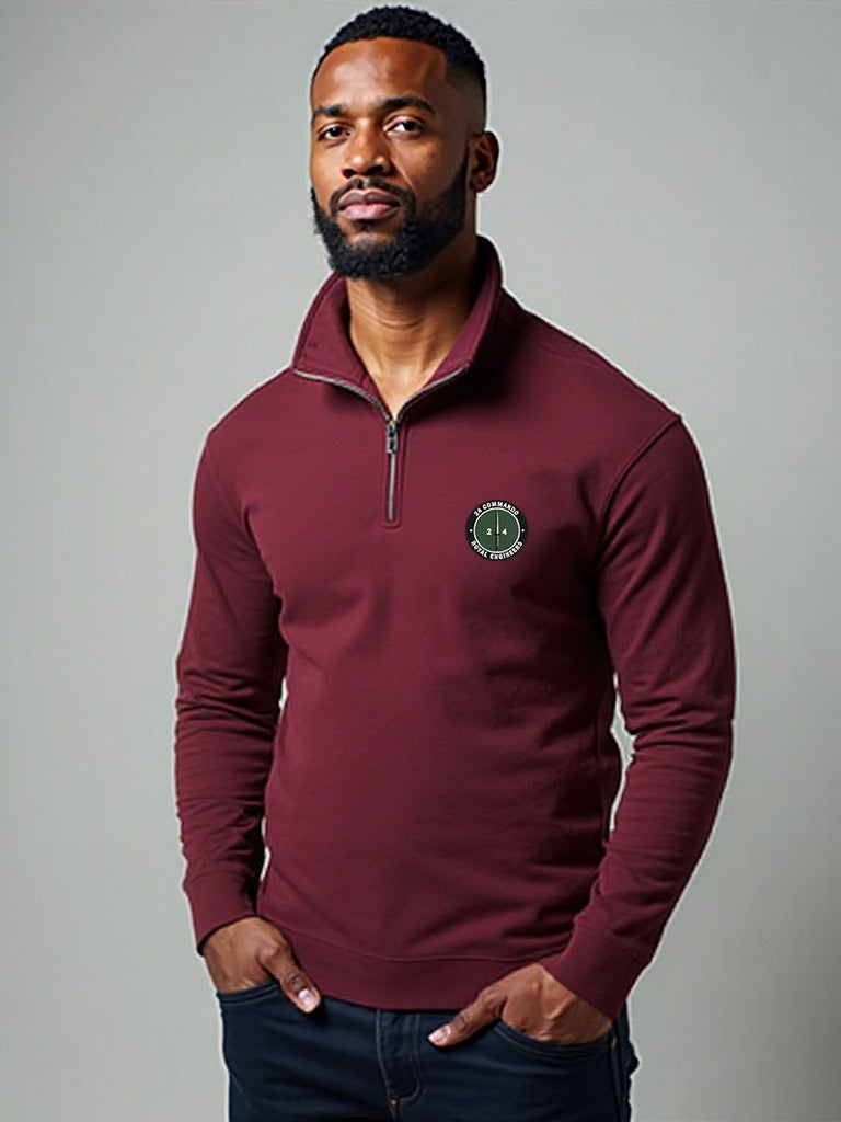 Men’s 24 Commando Royal Engineers quarter-zip sweatshirt in storm maroon, featuring an embroidered military badge, soft fleece lining, and athletic fit – ideal for supporters of British Armed Forces and military apparel enthusiasts