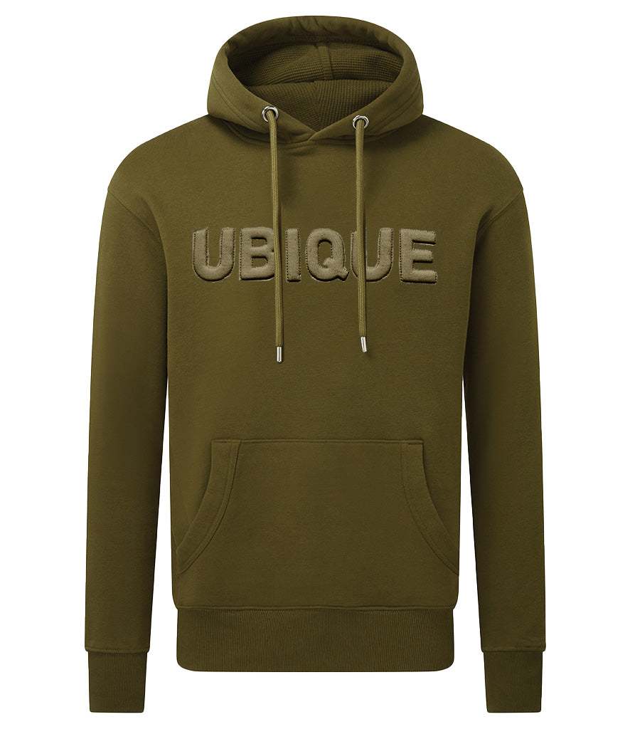 Royal Artillery Hoodie with "Ubique" 3D puff embroidery, olive green color, organic cotton blend.