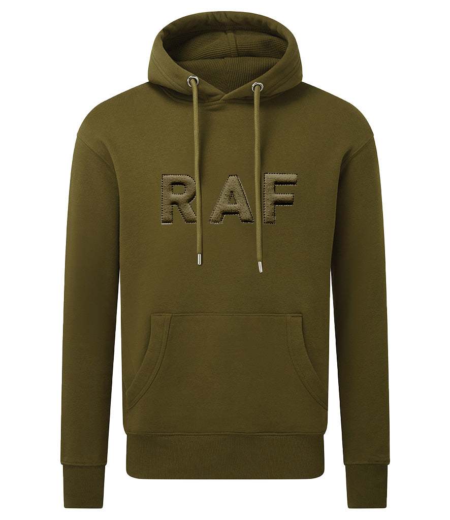 Royal Air Force hoodie in khaki with 3D puff embroidery "RAF", organic cotton blend, front pouch pocket.