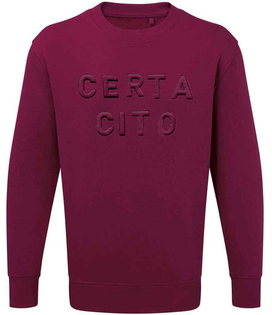 Royal Signals sweatshirt with "Certa Cito" 3D puff embroidery in burgundy.