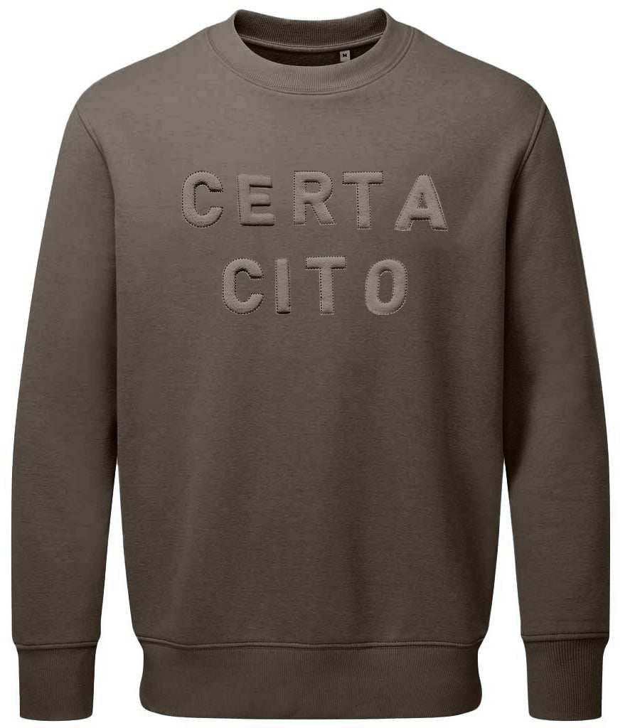 Royal Signals sweatshirt with "Certa Cito" 3D puff embroidery in khaki color.