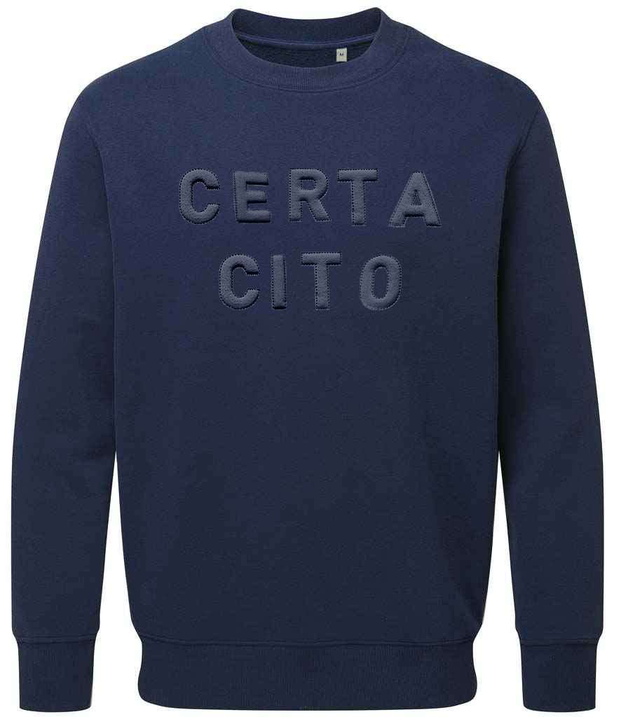Royal Signals sweatshirt with 3D "Certa Cito" embroidery in navy blue.