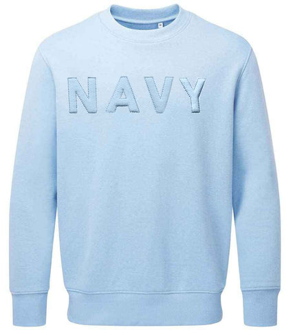 Sky blue Royal NAVY sweatshirt with 3D embroidered logo, made from organic cotton and recycled polyester.