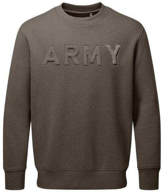 Army sweatshirt with 3D embroidered logo in khaki, crafted from organic cotton and recycled polyester.