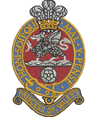 Embroidered crest of the Princess of Wales’s Royal Regiment, featuring a crowned lion and motto, used on British Army military apparel for veterans, soldiers, and regimental supporters.