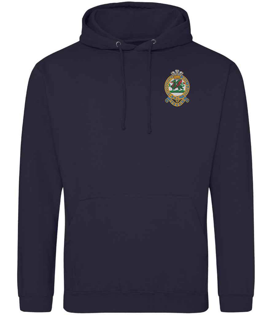 Queens Regiment embroidered hoodie, navy, 80% cotton, 20% polyester, durable design.