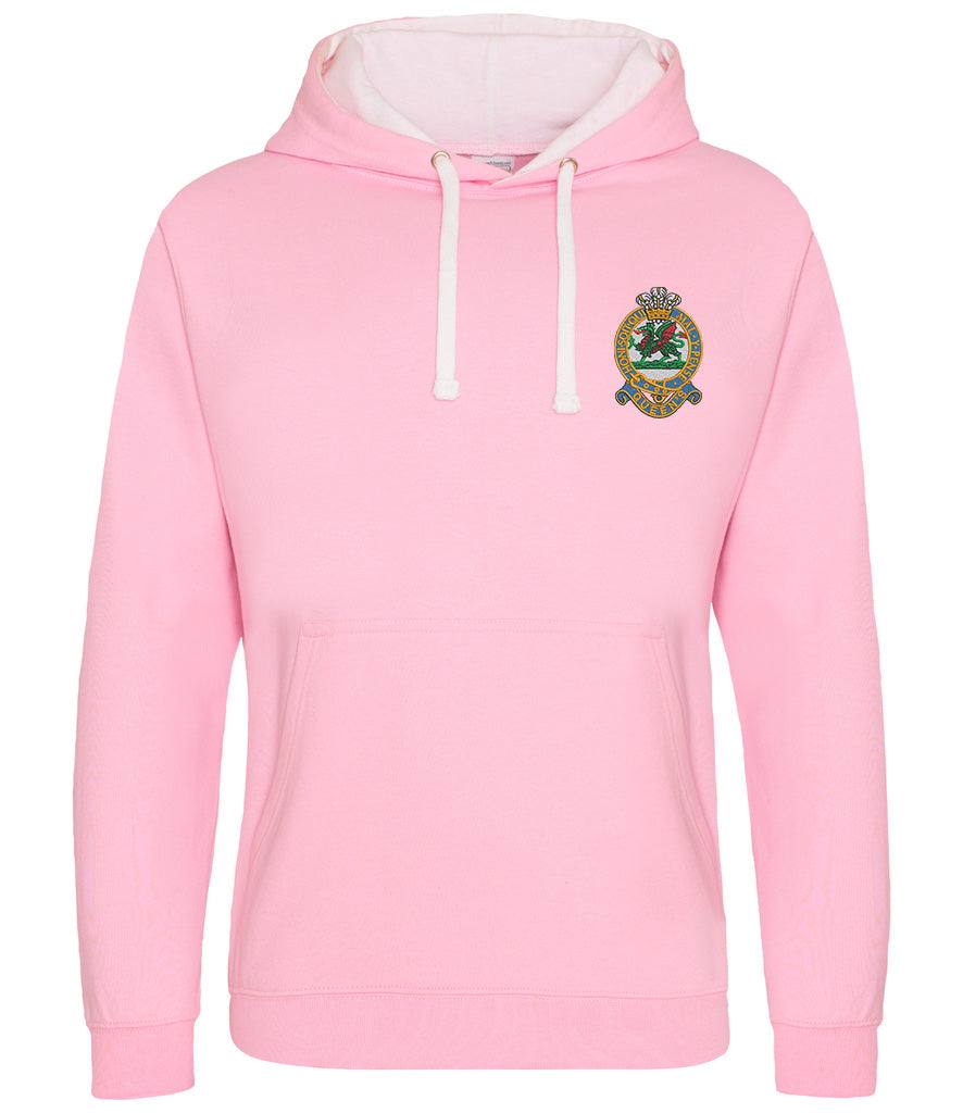 Pink Queens Regiment Varsity Hoodie with emblem, contrasting hood lining, and white drawcords.