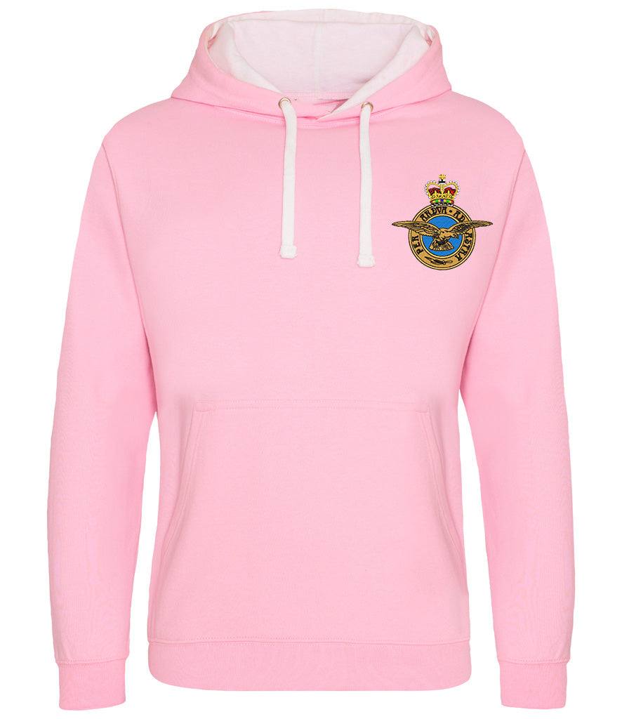 Royal Air Force Varsity Hoodie with badge, pink, cotton-polyester blend.