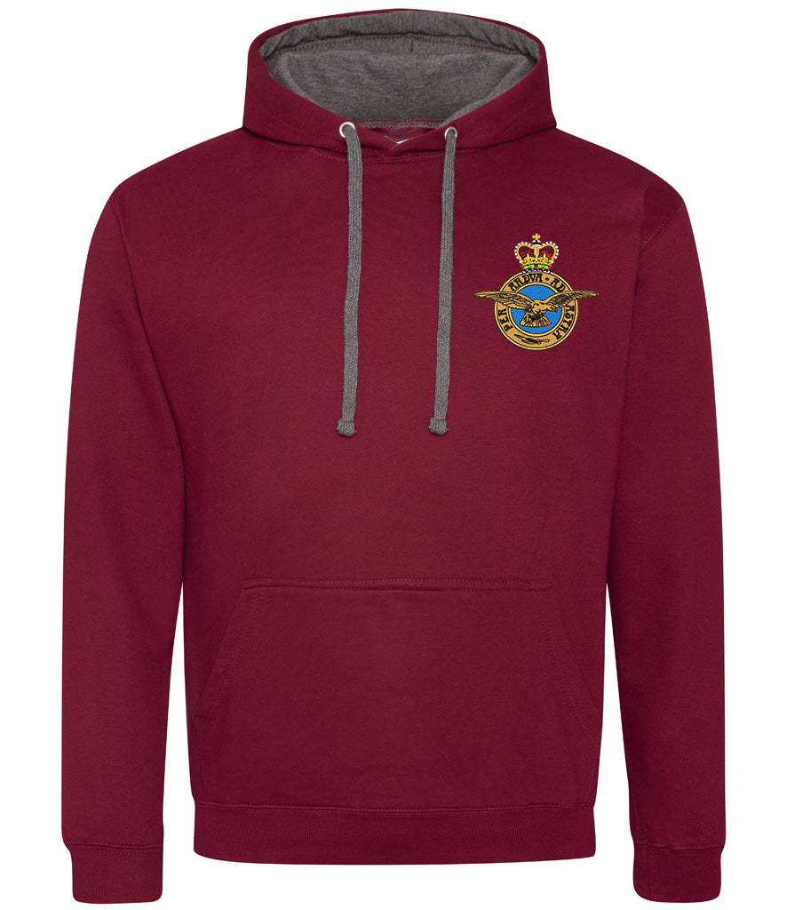 Royal Air Force Varsity Hoodie with badge, 80% cotton, 20% polyester, maroon color.
