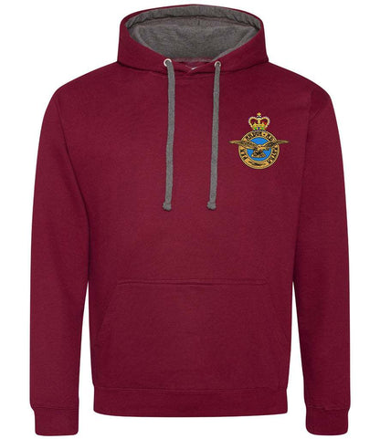 Royal Air Force Varsity Hoodie with badge, 80% cotton, 20% polyester, maroon color.