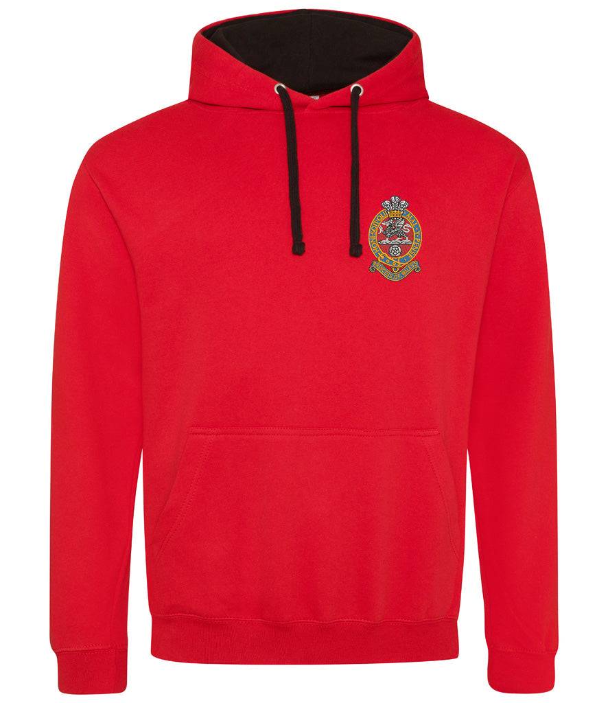 Red varsity hoodie featuring The Princess of Wales's Royal Regiment emblem, with contrasting hood lining and matching drawcords.