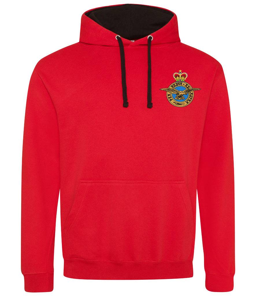 Red Royal Air Force Varsity Hoodie with badge, cotton-polyester blend.