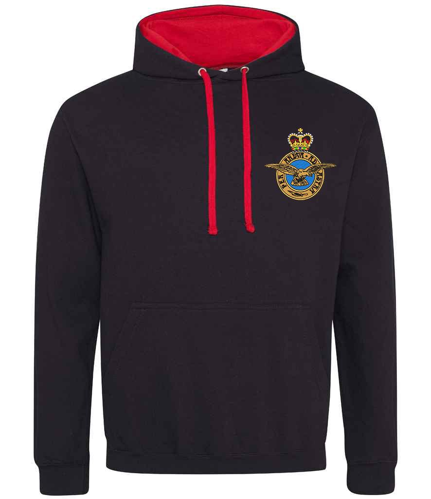 Royal Air Force Varsity Hoodie with embroidered badge, black and red design.