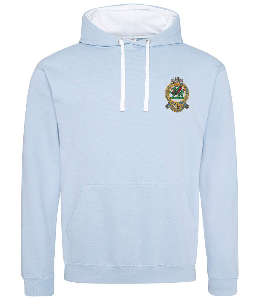 Queens Regiment Varsity Hoodie with emblem, light blue, cotton-polyester blend, contrasting hood, stylish and durable.